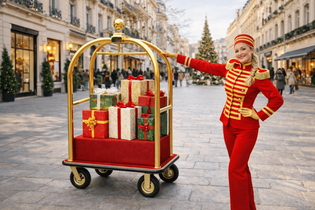 Kerstentertainment Bagagewagen Hotel Trolley mte PIccolo Bellboy inhuren of boeken (1)